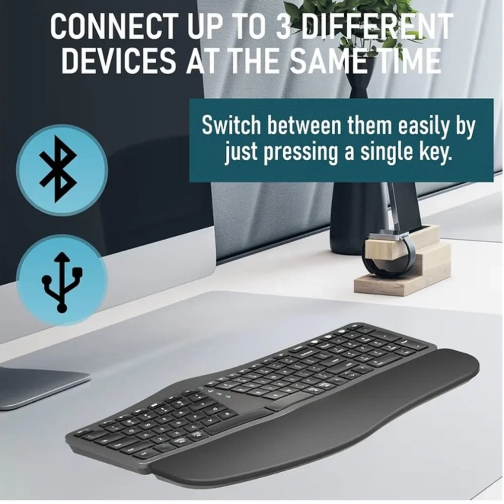 ROCK&ROWN Ergonomic Keyboard with Cushioned Wrist and Palm Rest,Bluetooth. Black